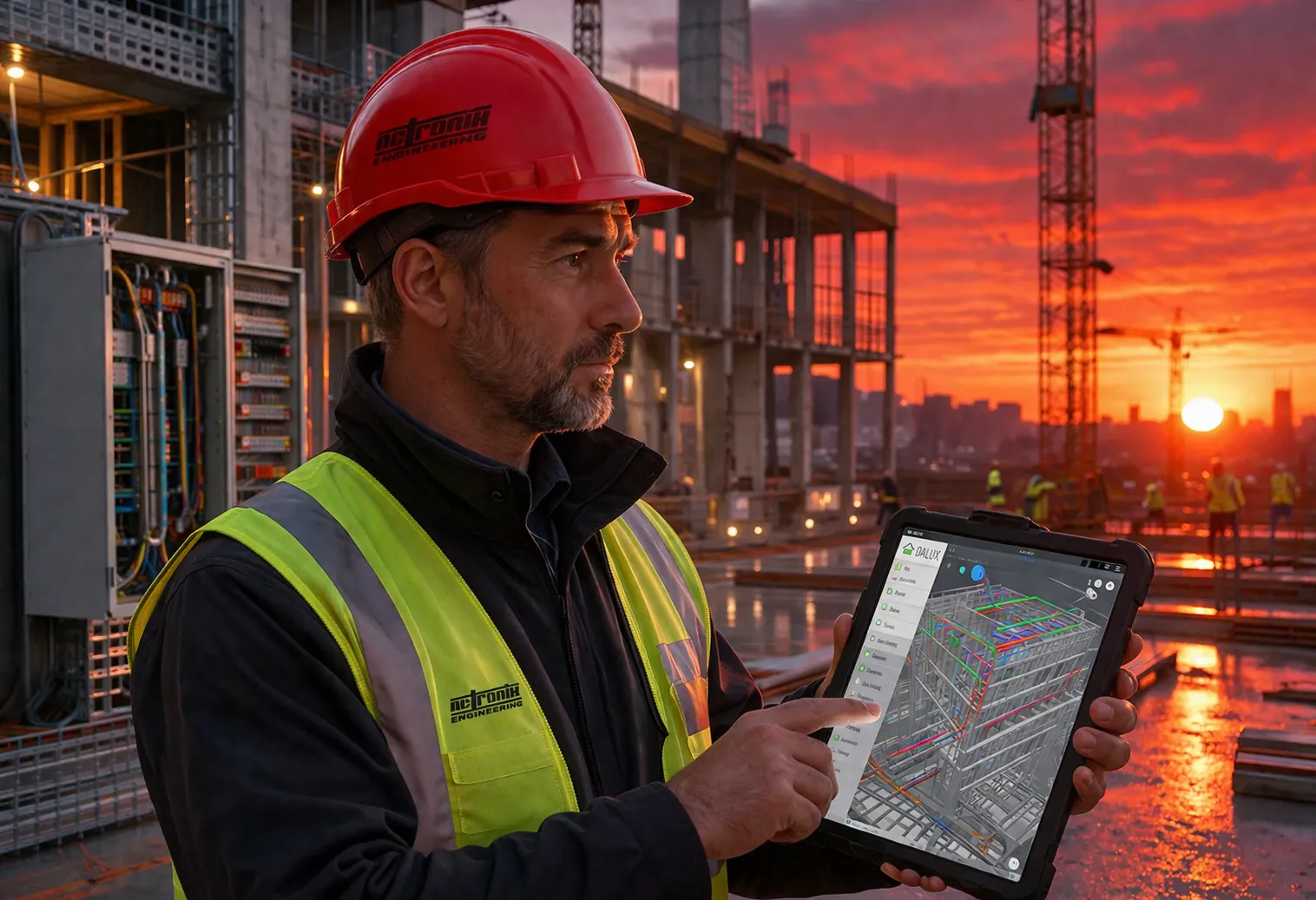 Bauleiter Elektrotechnik mit Tablet auf einer Baustelle
