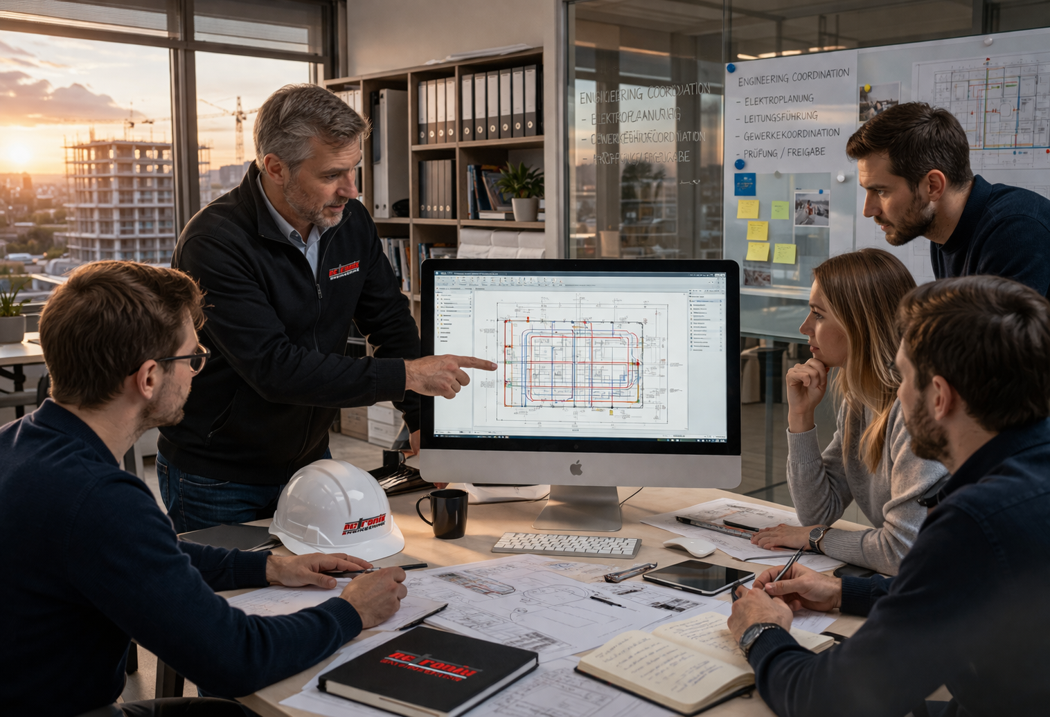 Ingenieurteam von nc-tronix bespricht technische Zeichnungen an einem Apple iMac