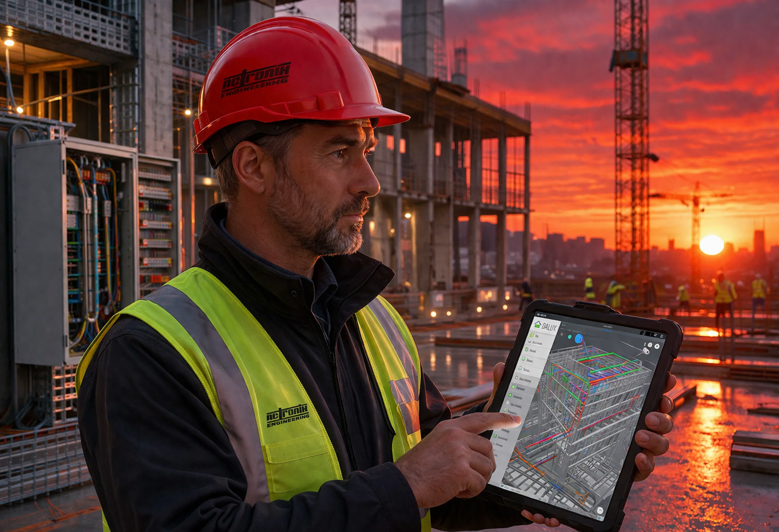 Ingenieur von nc-tronix auf einer Baustelle bei Sonnenuntergang mit Tablet